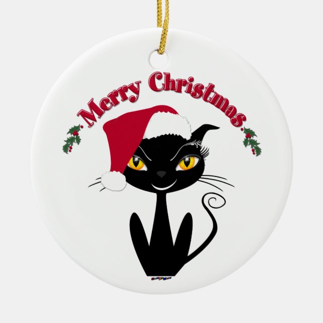 Merry Christmas Kitty Cat Ceramic Ornament (Front)