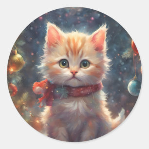 Merry Christmas Kitty Cat, Holiday Kitten, Pet Classic Round Sticker