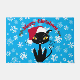 Merry Christmas Kitty Cat with Snowflakes Doormat