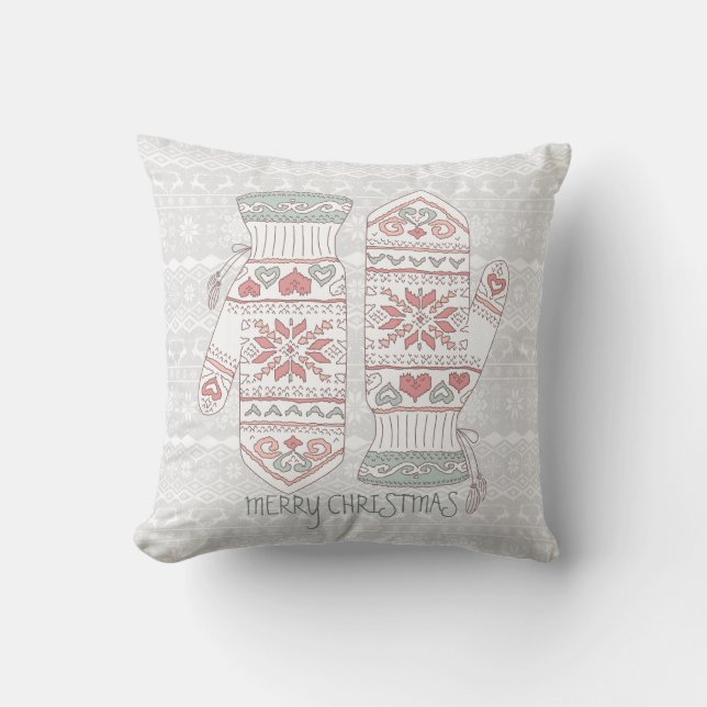 Merry Christmas Knitted Gloves Design Throw Pillow (Front)