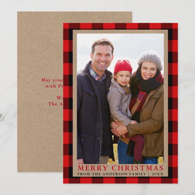 Merry Christmas Kraft Tartan Photo Card (Front/Back)