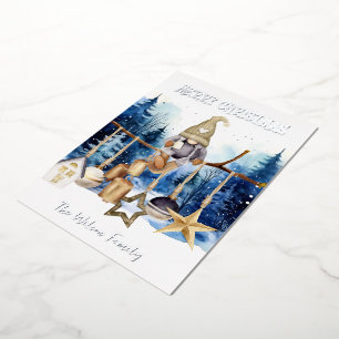 Merry Christmas Lady Gnome on Blue Forest Foil Holiday Card