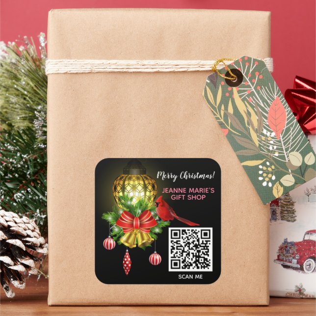Merry Christmas Lantern Cardinal Bird QR Code Square Sticker (Holiday)