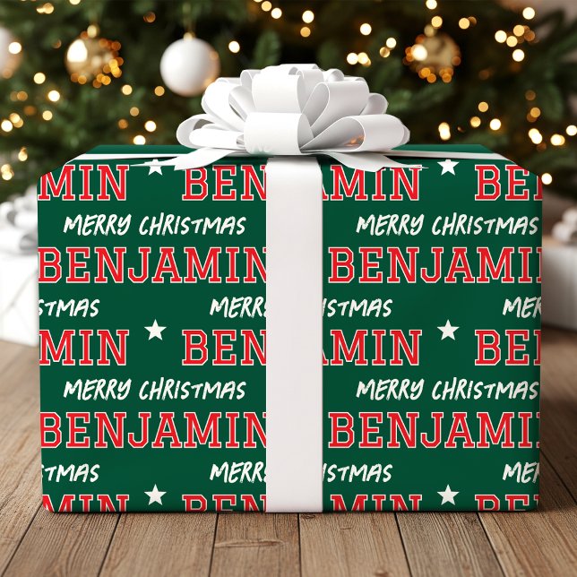 Merry Christmas Large Scale Custom Name Green Red Wrapping Paper (Creator Uploaded)