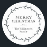 Merry Christmas Laurel Wreath Black White Name Classic Round Sticker<br><div class="desc">A modern,  black and white Merry Christmas sticker or envelope seal with a rustic simple black laurel wreath featuring modern typography. Simply add your name. Exclusively designed for you by Happy Dolphin Studio. If you need any help or matching products,  please contact us at happydolphinstudio@outlook.com.</div>
