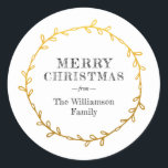 Merry Christmas Laurel Wreath Gold Name Classic Round Sticker<br><div class="desc">A modern,  black and white Merry Christmas sticker or envelope seal with a rustic simple gold laurel wreath featuring modern typography. Simply add your name. Exclusively designed for you by Happy Dolphin Studio. If you need any help or matching products,  please contact us at happydolphinstudio@outlook.com.</div>