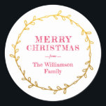 Merry Christmas Laurel Wreath Gold Red Name Classic Round Sticker<br><div class="desc">A modern,  red and gold Merry Christmas sticker or envelope seal with a simple gold laurel wreath featuring modern typography. Simply add your name. Exclusively designed for you by Happy Dolphin Studio. If you need any help or matching products,  please contact us at happydolphinstudio@outlook.com.</div>