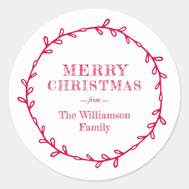 Merry Christmas Laurel Wreath Red White Name Classic Round Sticker (Front)