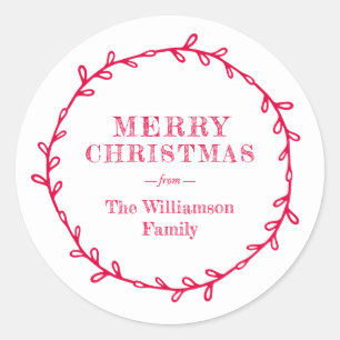 Merry Christmas Laurel Wreath Red White Name Classic Round Sticker