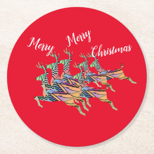Merry Christmas Leaping Deer Round Paper Coaster