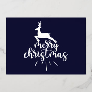 Merry Christmas Leaping Deer Silver  Foil Holiday Card