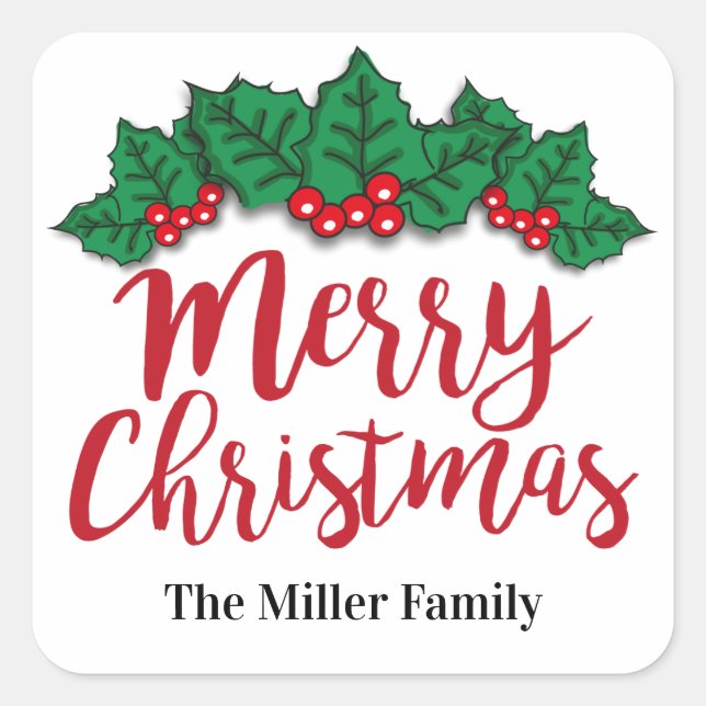 Merry Christmas Leaves And Berries Personalized Square Sticker (Front)