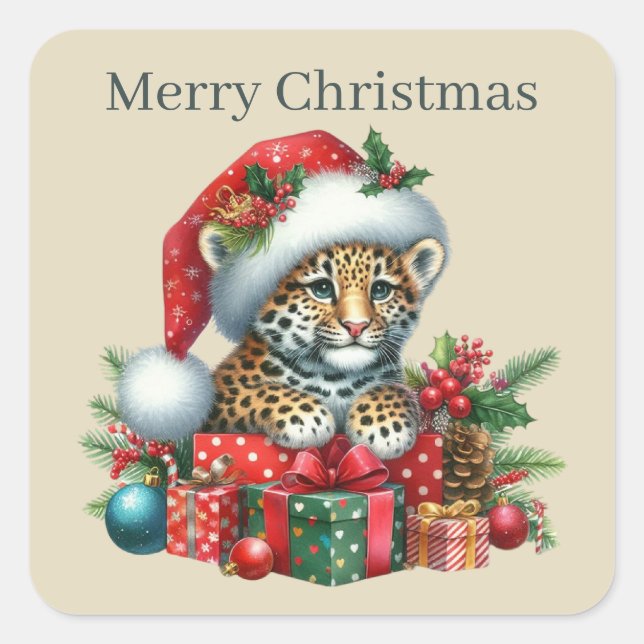 Merry Christmas leopard add text Square Sticker (Front)
