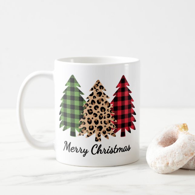 Merry Christmas Leopard and Plaid Trees Coffee Mug (With Donut)