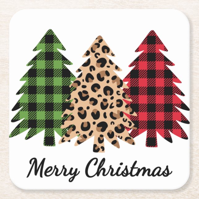 Merry Christmas Leopard and Plaid Trees Square Paper Coaster (Front)