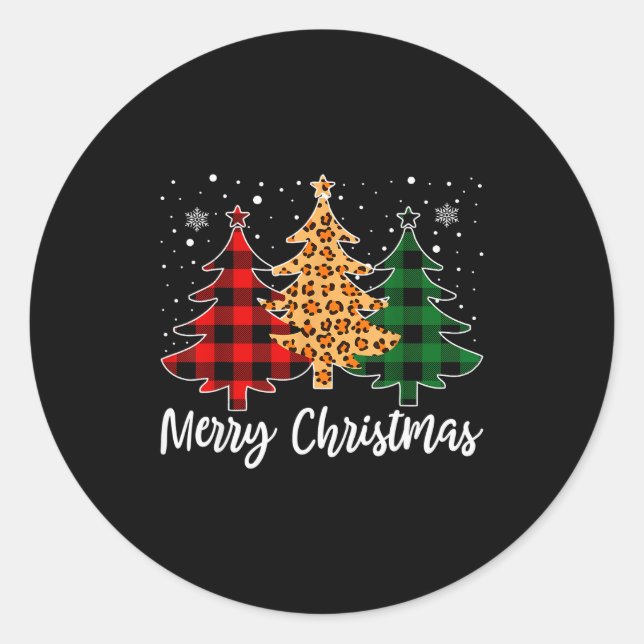 Merry Christmas Leopard Buffalo Plaid Christmas Tr Classic Round Sticker (Front)