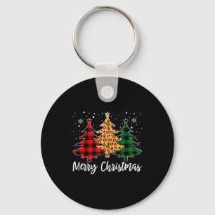 Merry Christmas Leopard Buffalo Plaid Christmas Tr Keychain