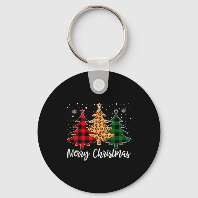 Merry Christmas Leopard Buffalo Plaid Christmas Tr Keychain (Front)