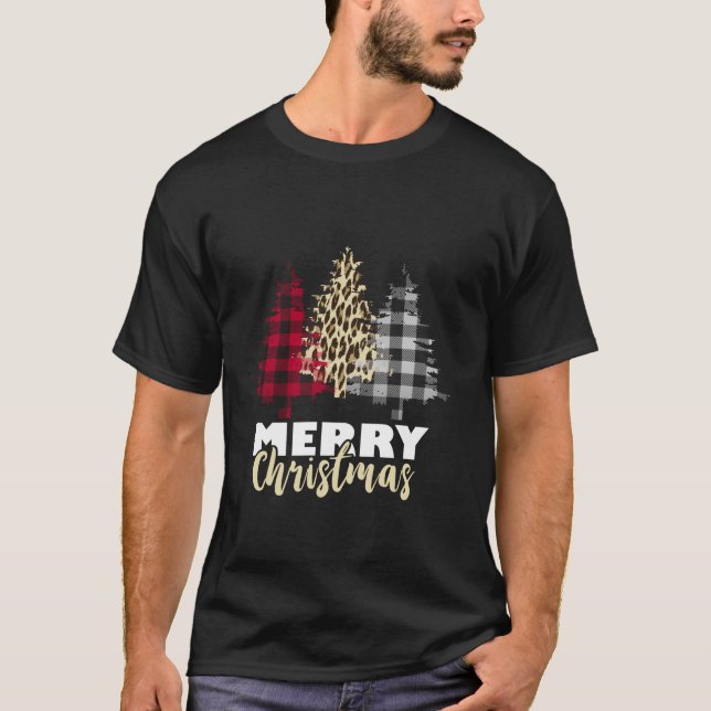 Merry Christmas Leopard Buffalo Plaid Xmas Christm T-Shirt (Front)