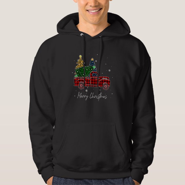 Merry Christmas Leopard Buffalo Truck Tree Red Pla Hoodie (Front)