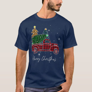 Merry Christmas Leopard Buffalo Truck Tree Red Pla T-Shirt