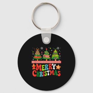 Merry Christmas Leopard Colorful Xmas Trees Bow Ti Keychain