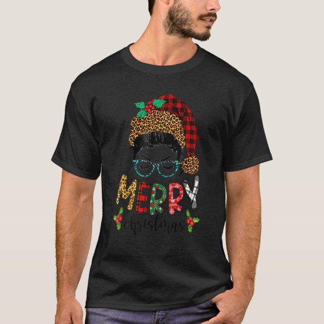 Merry Christmas Leopard Messy Bun Happy Xmas 5 T-Shirt (Front)