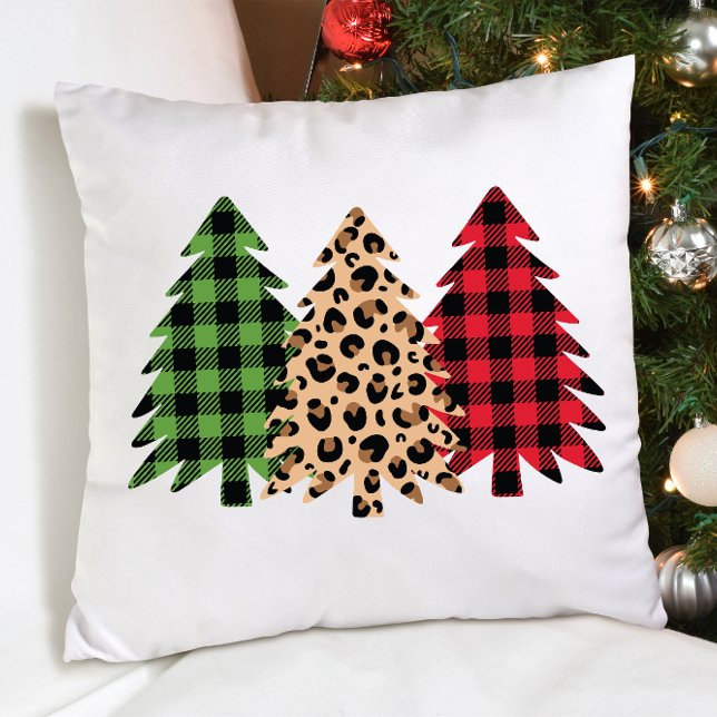 Merry christmas leopard print buffalo plaid throw pillow (Creator Uploaded)