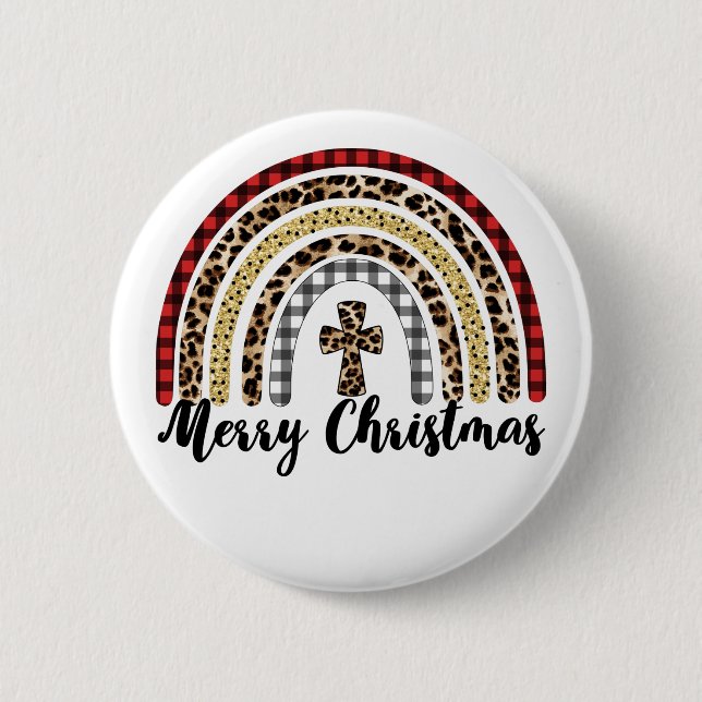 Merry Christmas Leopard Print Cross 2 Inch Round Button (Front)