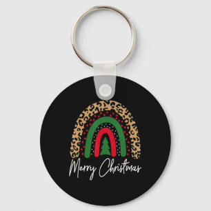 Merry Christmas Leopard Rainbow Pajamas Xmas Teach Keychain