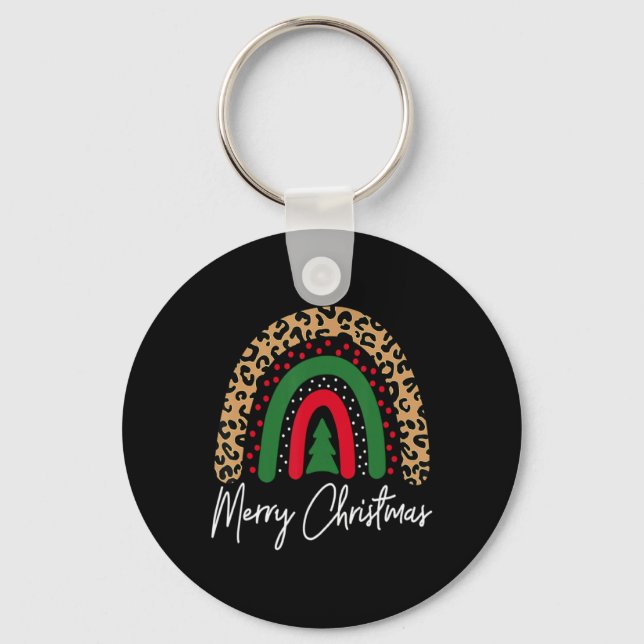 Merry Christmas Leopard Rainbow Pajamas Xmas Teach Keychain (Front)