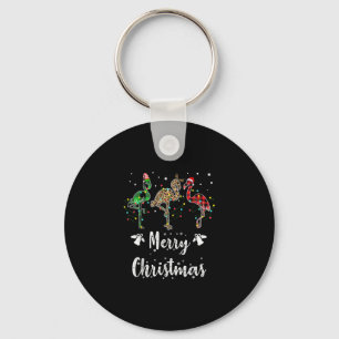 Merry Christmas Leopard Red Green Plaid Flamingo Keychain