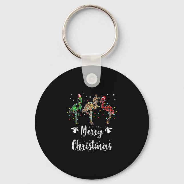 Merry Christmas Leopard Red Green Plaid Flamingo Keychain (Front)