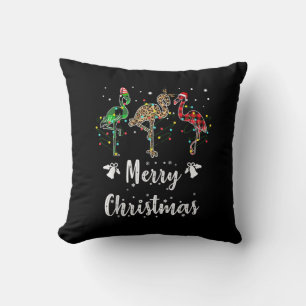Merry Christmas Leopard Red Green Plaid Flamingo Throw Pillow