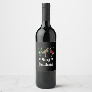 Merry Christmas Leopard Red Green Plaid Flamingo Wine Label