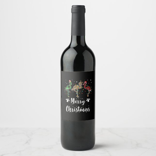 Merry Christmas Leopard Red Green Plaid Flamingo Wine Label (Front)