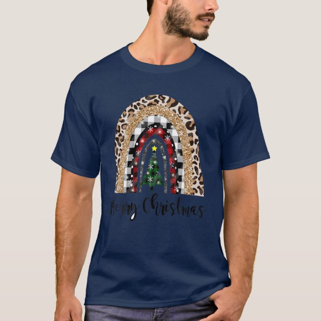 Merry Christmas Leopard Red Plaid Pattern Rainbow T-Shirt (Front)