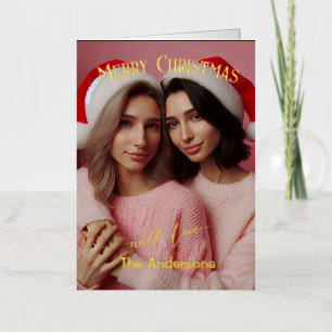 Merry Christmas Lesbian Retro Pink   Custom Photo  Foil Holiday Card