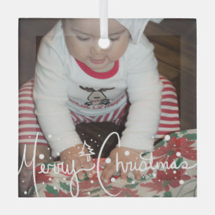 Merry Christmas Lettering and Baby Family Photo Glass Ornament