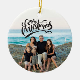 Merry Christmas Lettering Custom Text Photo Ceramic Ornament