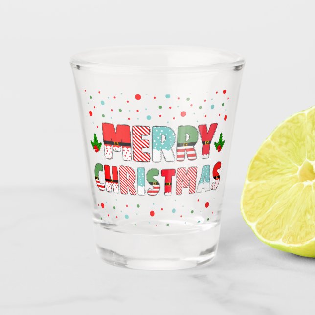 Merry Christmas Lettering in Seasonal Elements Shot Glass (Front)