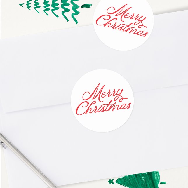 Merry Christmas Lettering Red and White Classic Round Sticker (Creator Uploaded)