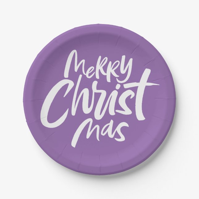 Merry Christmas Lettering Religious Purple Modern Paper Plate (Front)