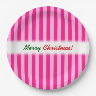 "Merry Christmas!"; Light Pink & Deep Pink Stripes Paper Plate