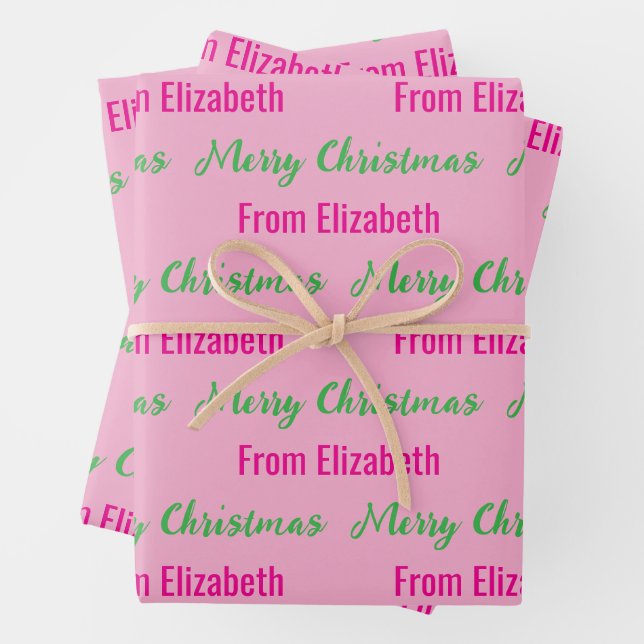 Merry Christmas Light Pink & Hot Pink Script Name Wrapping Paper Sheet (In situ)