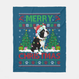 Merry Christmas Lighting Ugly Boston Terrier Chris Fleece Blanket