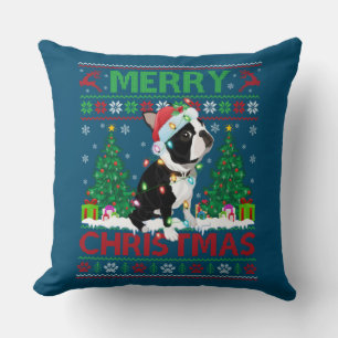 Merry Christmas Lighting Ugly Boston Terrier Chris Throw Pillow
