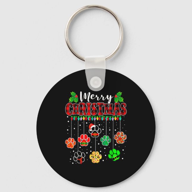 Merry Christmas Lights Dog Paw Xmas  Keychain (Front)