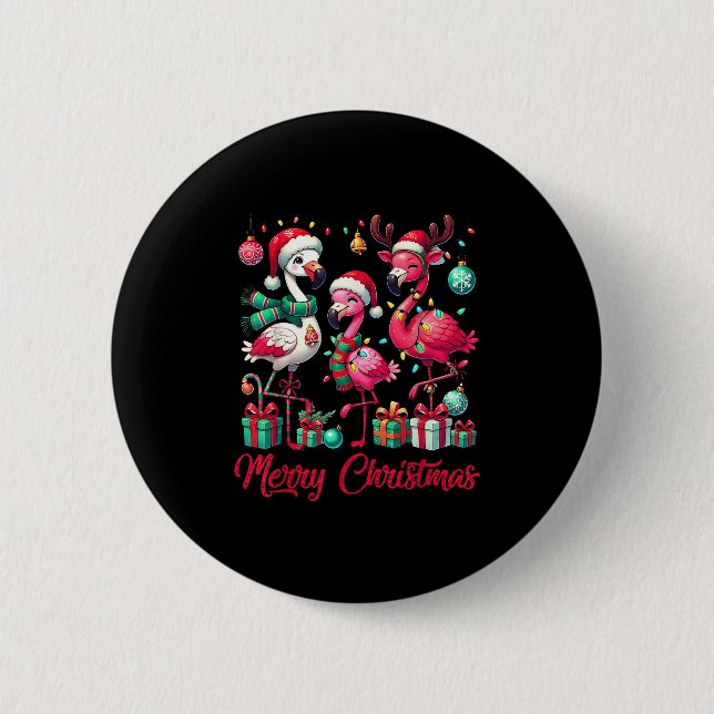 Merry Christmas Lights Flamingo Santa Hat Snow Xma 2 Inch Round Button (Front)