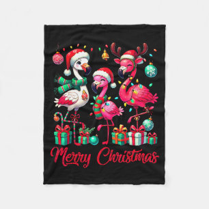 Merry Christmas Lights Flamingo Santa Hat Snow Xma Fleece Blanket